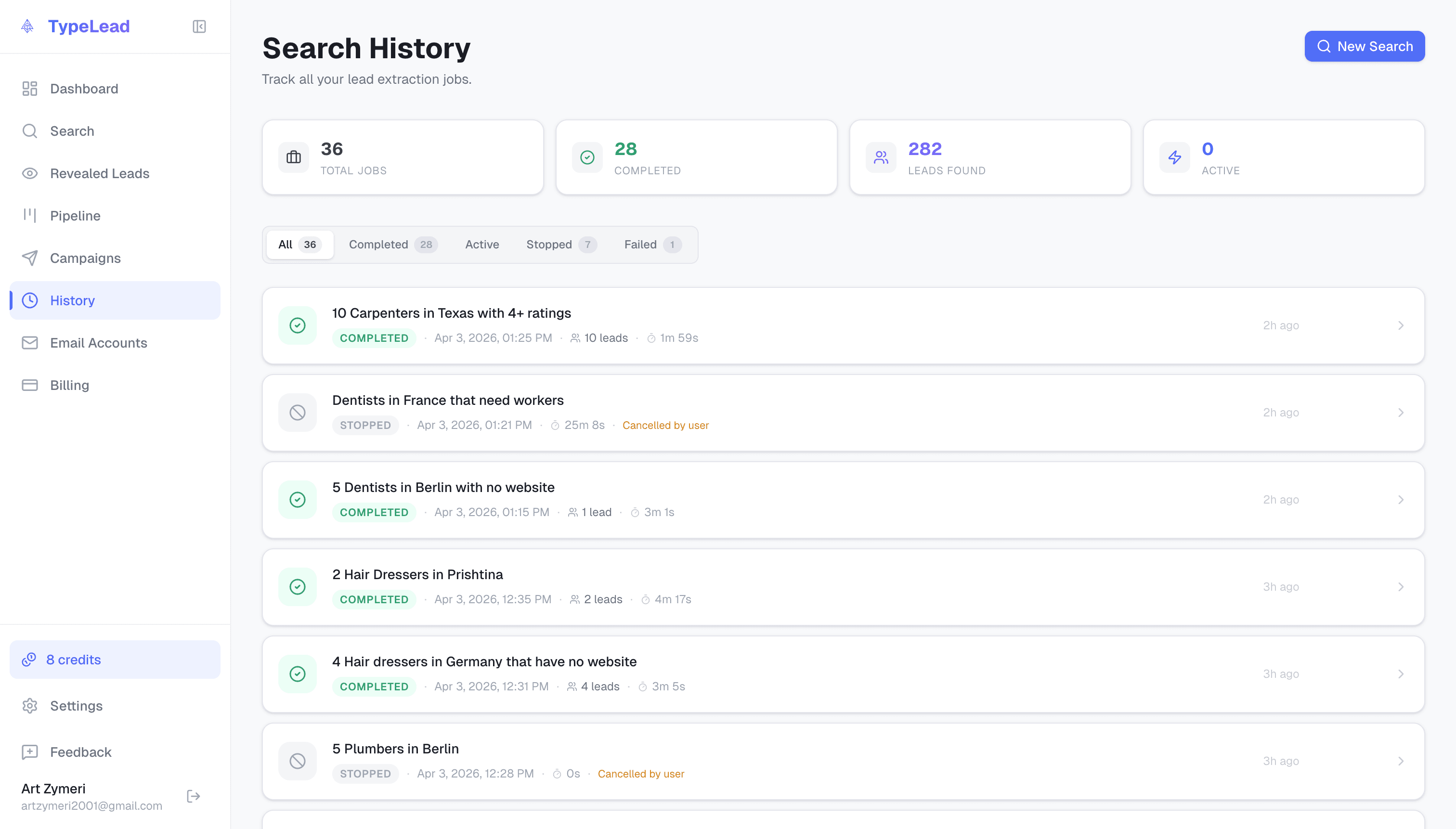 TypeLead Search History